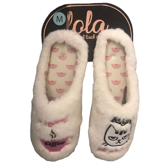 NWT LOLA Off White Bedroom Slippers Clogs Coffee & Cat Lovers Rubber Sole Sz 7.5 - Picture 1 of 6